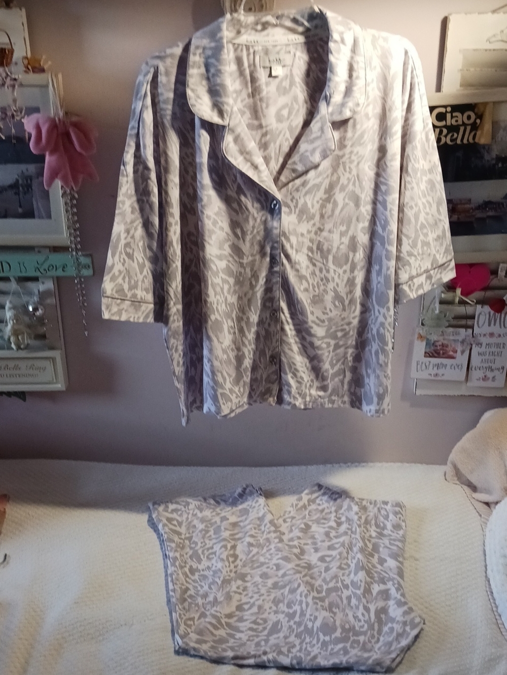 Nicole Miller Women's Two-Piece Sleep Set - Light Gray Animal Print L *New*